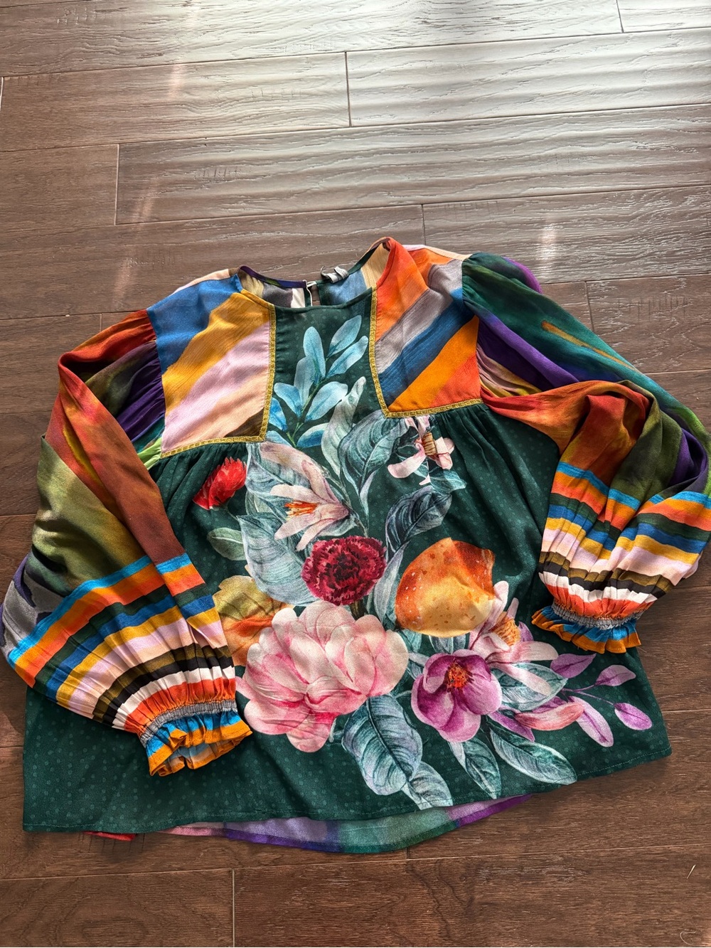 Multicolor Floral Peasant Blouse in Green